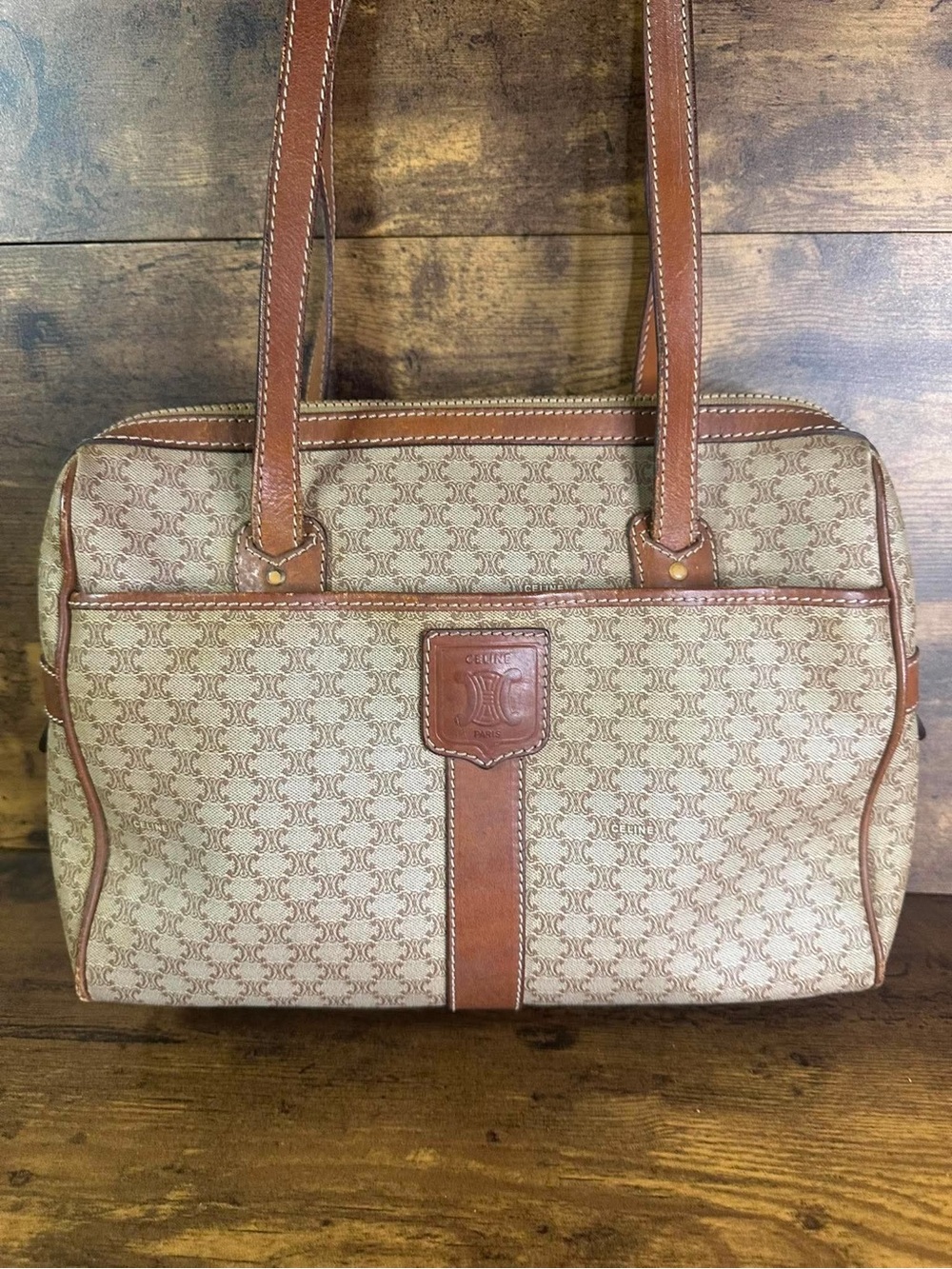 Celine Tan Monogram Canvas Shoulder Bag with Brown Leather Trim Vintage